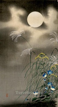 日本 Painting - 月と青い花 小原古邨